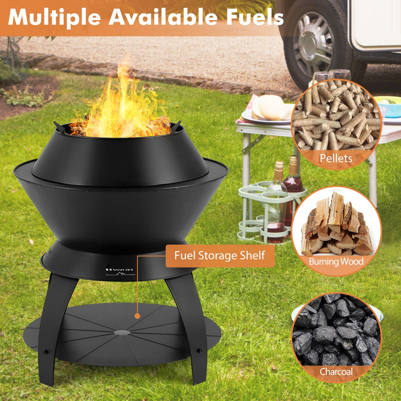 Costway - 20 Inch Patio Fire Pit Metal Camping Fire Bowl with Pot Holder and Storage Shelf-Black