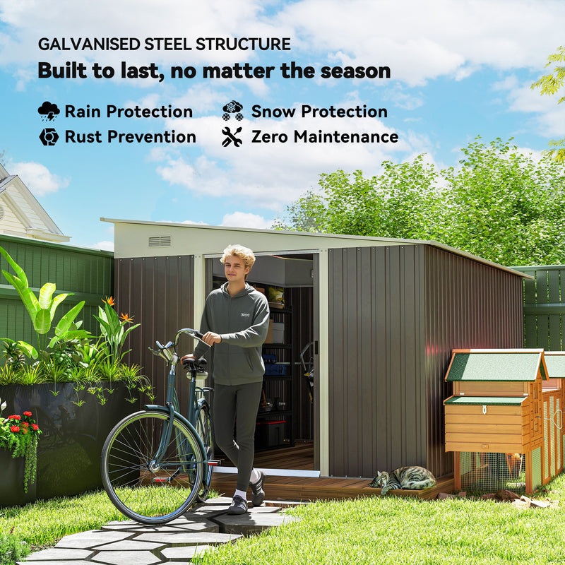 11' x 9' Steel Garden Storage Shed, Outdoor Metal Tool House with Double Sliding Doors & 2 Air Vents, Grey