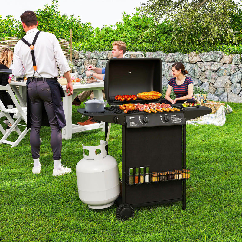 Outsunny - 2+1 Burner Propane Gas BBQ Grill, Portable Gas Barbecue Grill with Side Burner, Thermometer, Lid, Side Table, Shelf, Spice Rack, Wheels, Grease Cup for Garden, Black