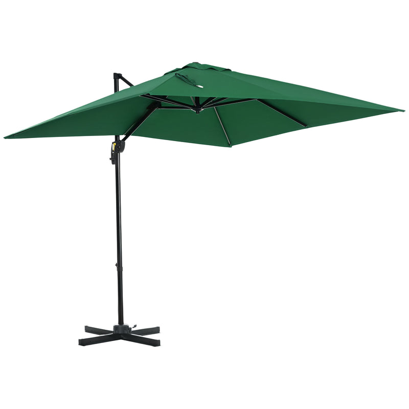 Outsunny - 8' x 8' Square Cantilever Umbrella with 360° Rotation, Aluminum Outdoor Cantilever Market Parasol with Crank & Tilt, Garden Sun Canopy Shelter with Cross Base, Green — 84D-051V00GN