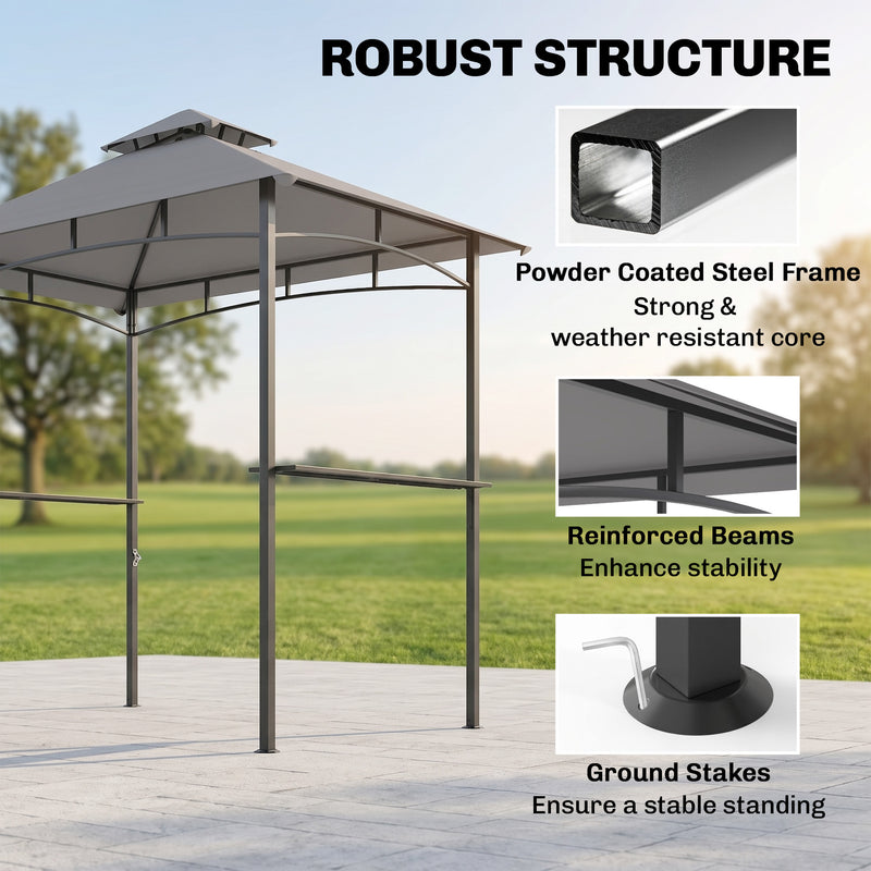Outsunny - 8' x 5' BBQ Grill Gazebo Tent with Double Tiered Canopy for Outdoor Sun Shade, Grey