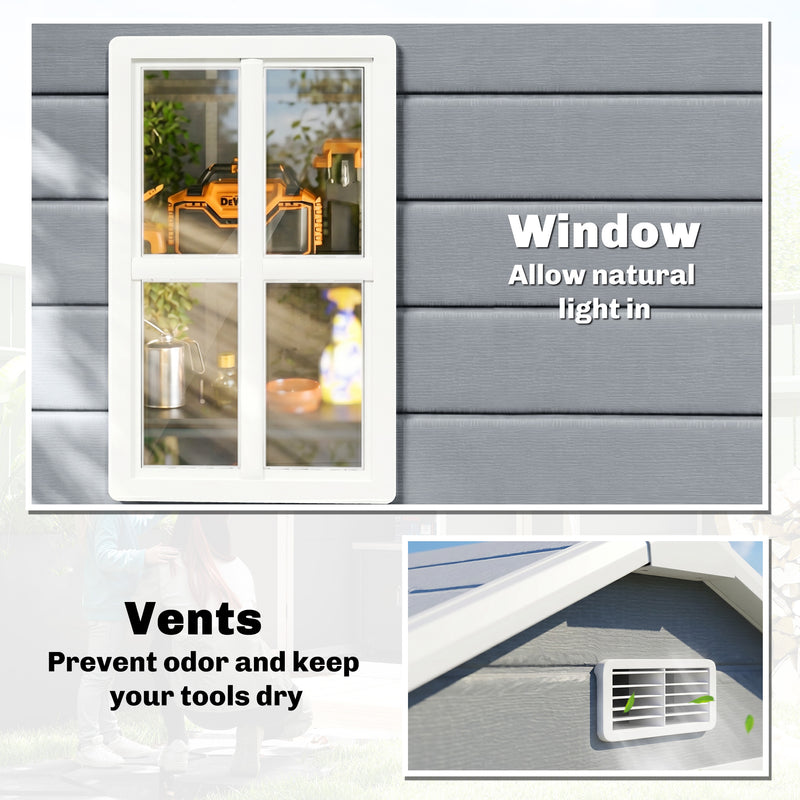 6x4.5FT Plastic Shed, Lockable Garden Tool Storage House with Double Doors and Vent, Grey