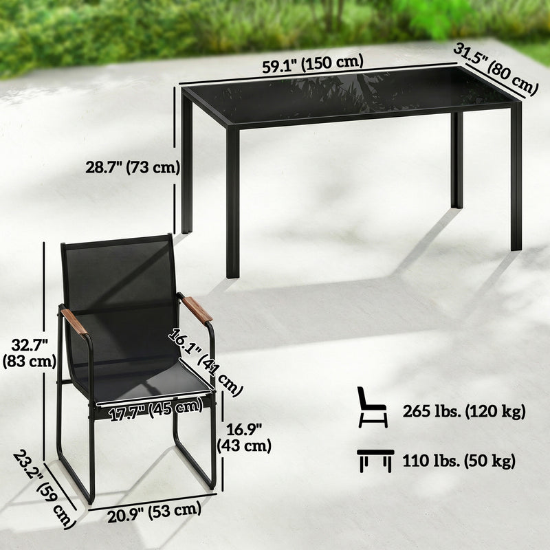 Outsunny - 7 Pieces Outdoor Dining Set for 6, Glass Patio Table and Chairs with Decorative Armrests, All Weather Mesh, Black