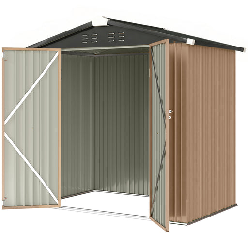 6.5' x 4' Outdoor Storage Shed, Metal Garden Shed with Lockable Double Doors, 4 Vents, Brown