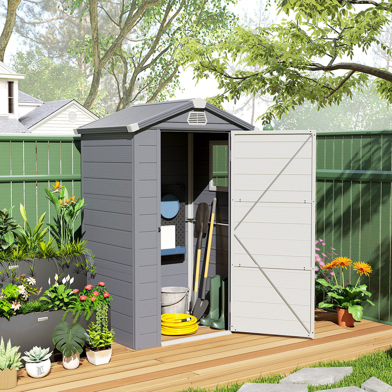 4.4' x 3.3' Plastic Garden Storage Shed with Latch Door, Vents, Sloped Roof, Grey