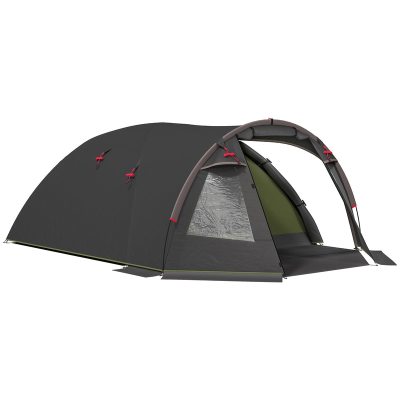 Outsunny - 2-4 Man Camping Tent, 3000mm Waterproof Tunnel Tent with 2 Rooms, Sewn-in Groundsheet, 3 Doors and Hook