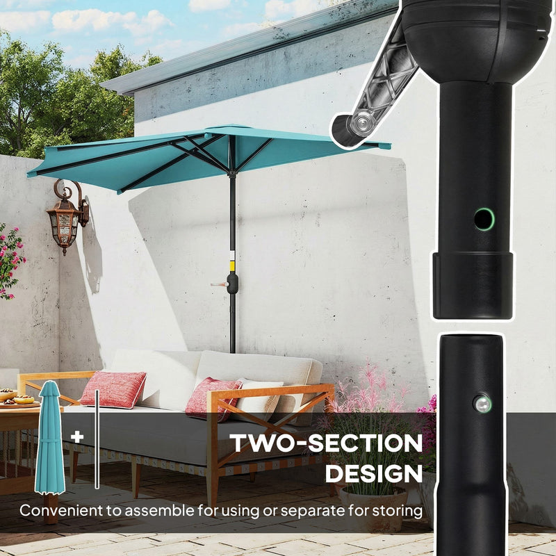 Outsunny - 9.8ft Half Umbrella Semi Round Patio Parasol with Crank Handle, Top Vent for Garden, Balcony - NO BASE INCLUDED, Light Blue — 84D-008V00LB