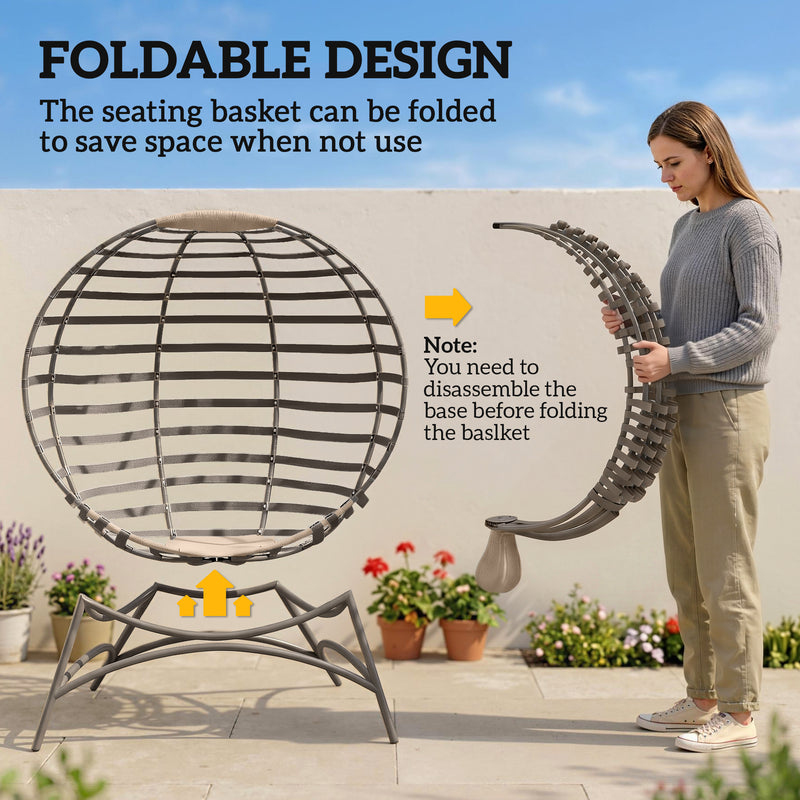 Outsunny - Egg Chair, Patio Lounge Chair, Foldable Basket Chair with Large Seat Cushion, Side Pocket, Sand