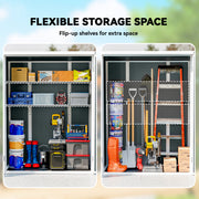 Outdoor 4.4' x 2.3' Plastic Storage Shed with Lockable Doors and Foldable Shelves, Wood-Effect Garden Shed, Grey