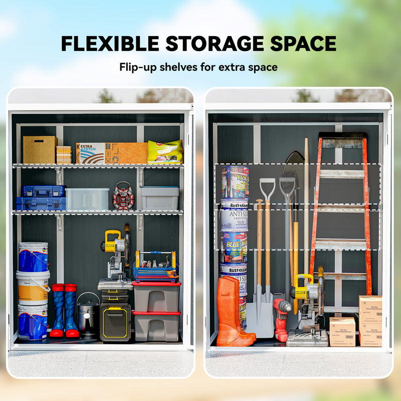 Outdoor 4.4' x 2.3' Plastic Storage Shed with Lockable Doors and Foldable Shelves, Wood-Effect Garden Shed, Grey