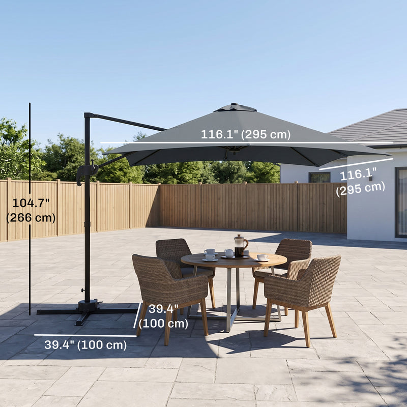 Outsunny - 10x10ft Cantilever Umbrella Rotatable Square Market Parasol, 4 Adjustable Angle for Outdoor Backyard Patio, Dark Grey — 84D-112V01CG