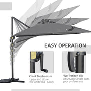 9ft Cantilever Patio Umbrella, Square Overhanging Umbrella with Cross Base, Crank Handle, Tilt, 360° Rotation and Aluminum Frame, Dark Grey
