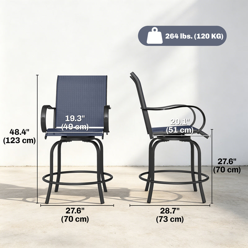 Outsunny - Outdoor Bar Stools Set of 2, 360° Swivel Bar Height Chairs, 26.8" x 29.5" x 48.4", Navy Blue
