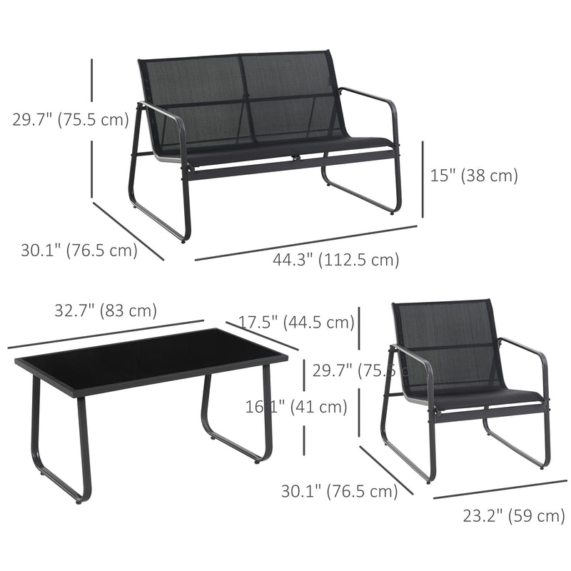 Outsunny - 4 Piece Patio Furniture Set, Outdoor Conversation Set with Loveseat Sofa, Armchairs, Glass Top Coffee Table, Black