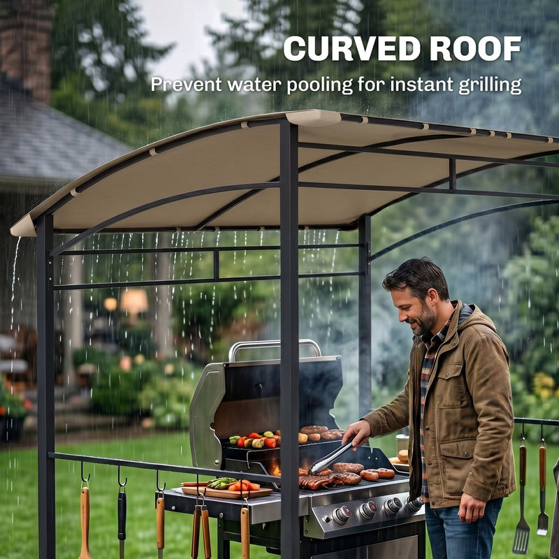 Outsunny - 7' x 5' BBQ Grill Gazebo Tent, Garden Grill Canopy with Steel Frame and Hooks, Outdoor Sun Shade, Khaki