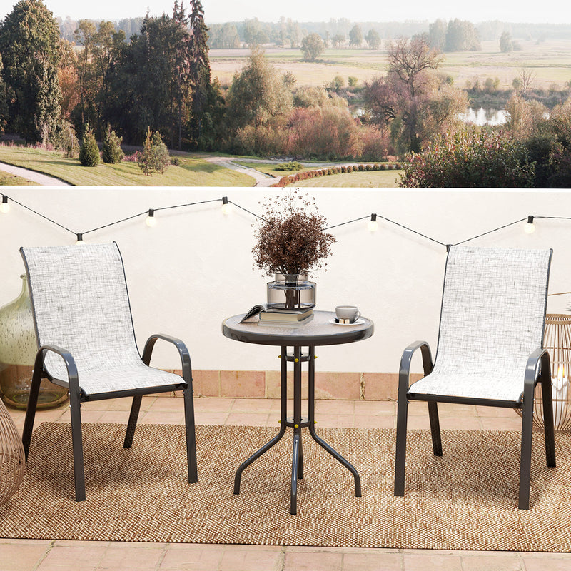 Outsunny - 3 Pieces Bistro Set, Small Patio Furniture Set with Stackable Mesh Chairs, Glass Table for Garden, Balcony, Grey