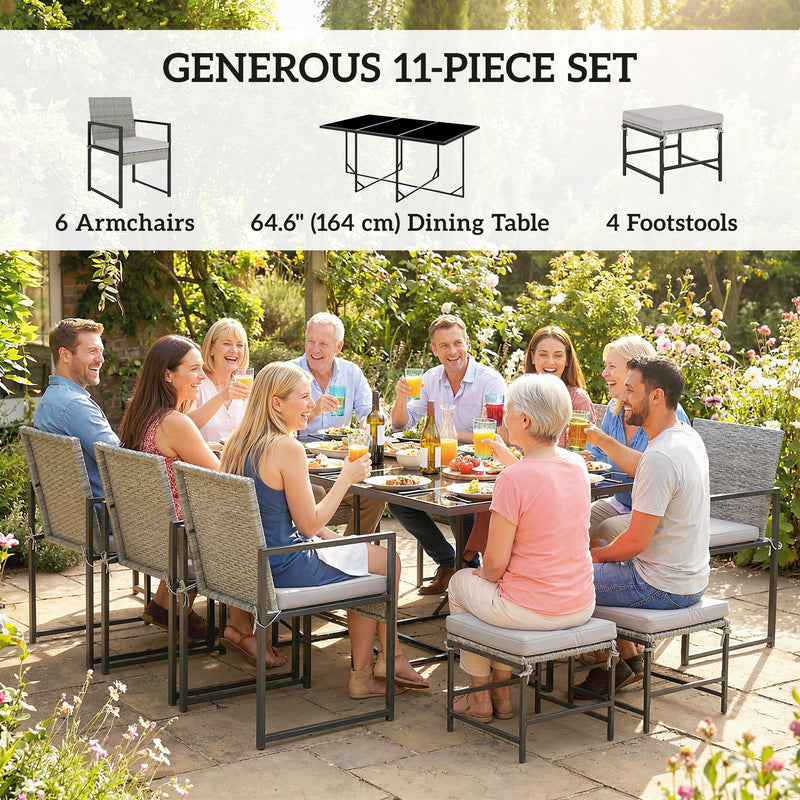 Outsunny - 11 Pieces Wicker Patio Dining Set, Rattan Outdoor Furniture Set with 6 Armchairs, 4 Stools, Light Grey