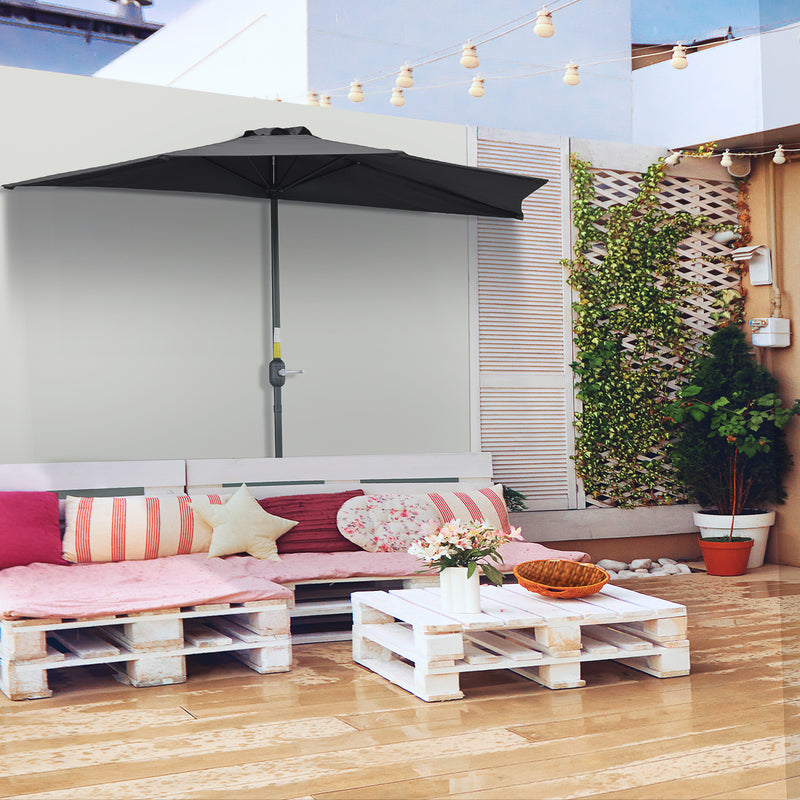 Outsunny - 9ft Half Round Umbrella Outdoor Patio Garden Balcony Parasol Window Sun Shade w/ 5 Ribs, Black — 84D-007V00BK