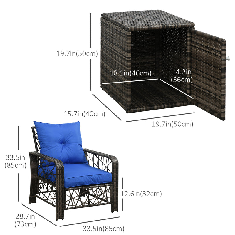 Outsunny - 3 Pieces Wicker Patio Furniture Set, Rattan Bistro Set with Storage Coffee Table and Thickened Cushions, Outdoor Conversation Set for Garden, Porch, Balcony, Blue