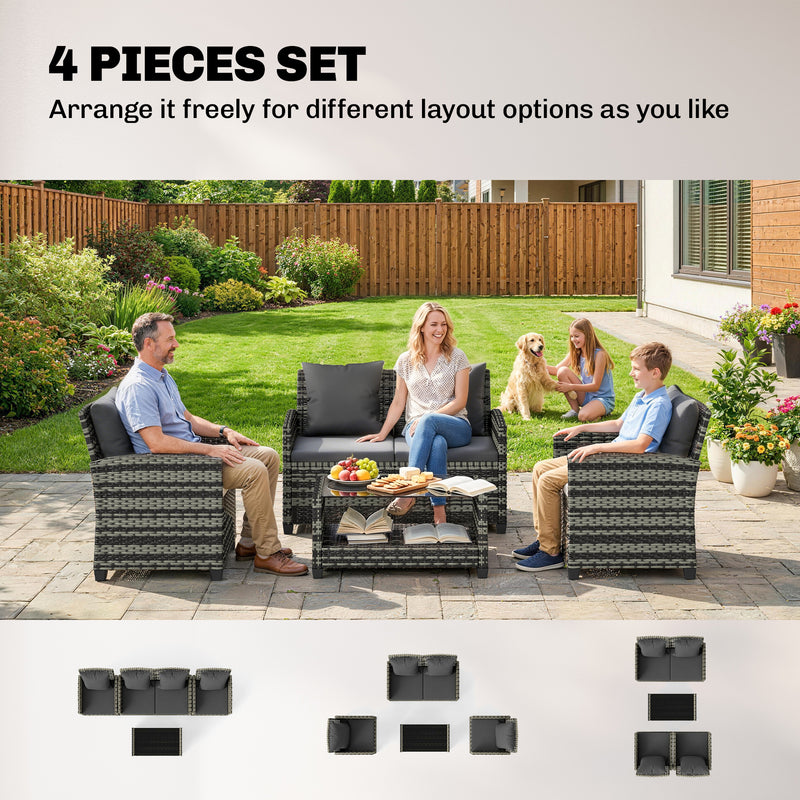 Outsunny - 4-Piece Outdoor Wicker Patio Furniture Conversation Set, Includes Loveseat, Chairs and 2-Tier Table with Cushions, Modern Rattan Sofa Set for Backyard, Dark Grey