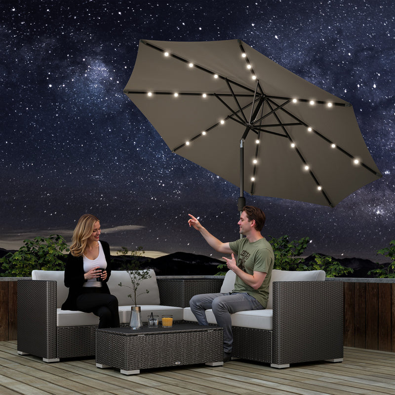 8.8 ft Solar Powered Outdoor Patio Umbrella Round Market Table Umbrella with Adjustable LED Lights Tilt Crank Dark Grey