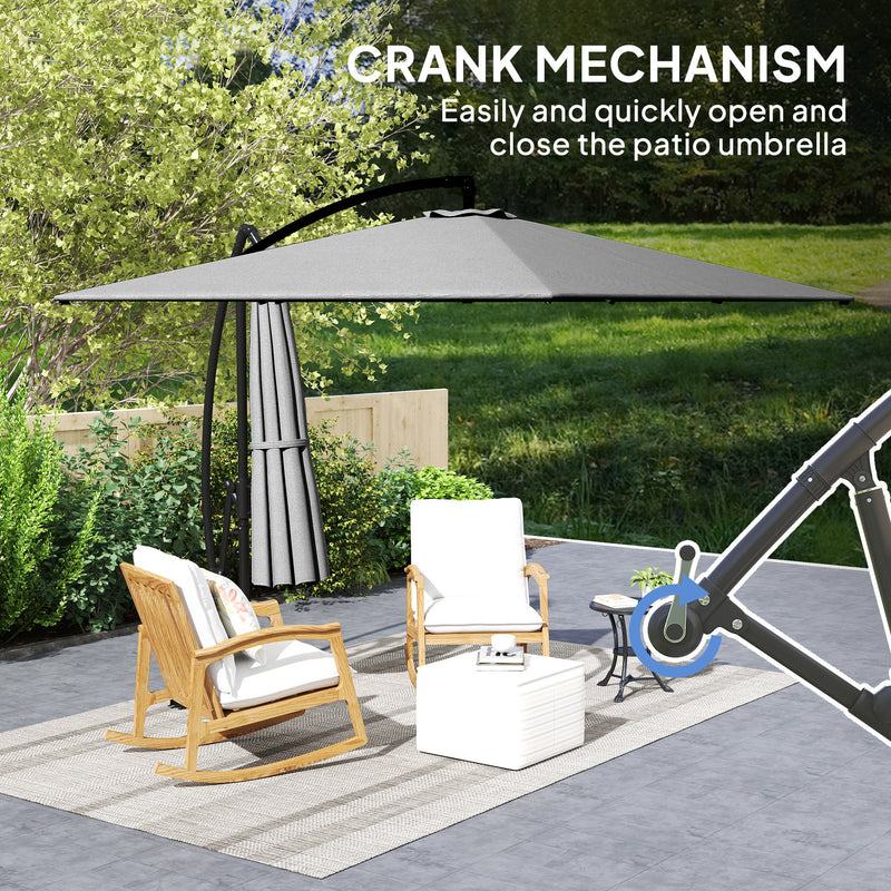 Outsunny - Patio Offset Umbrella UPF 50+ UV Protection, Crank Parasol with Base, Cover & Wind Securing, Grey — 84D-419V00GY