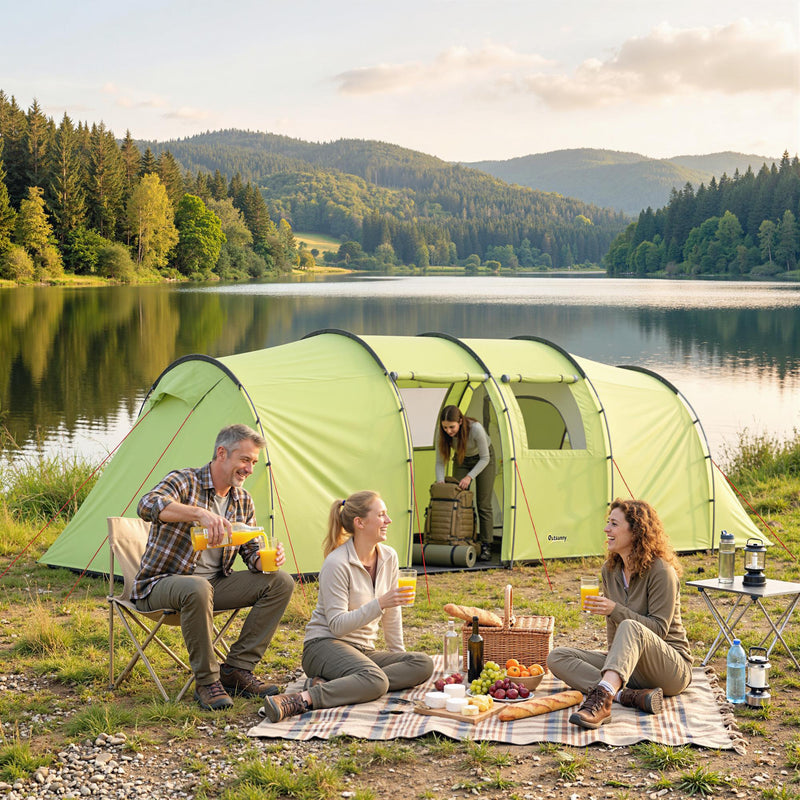 Outsunny - 6 Person Camping Tent with Porch, Large Family Tent with 2 Bedroom and Living Room, Light Green