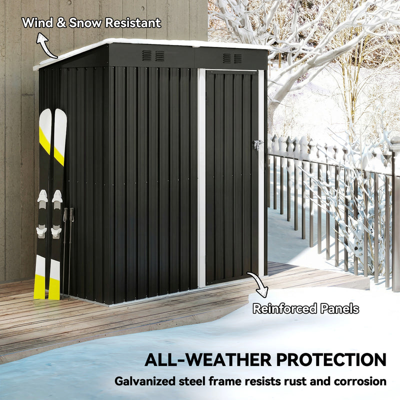 5 x 3 ft Outdoor Storage Shed, Lean-to Metal Garden Shed with Lockable Door and Vents, Dark Grey