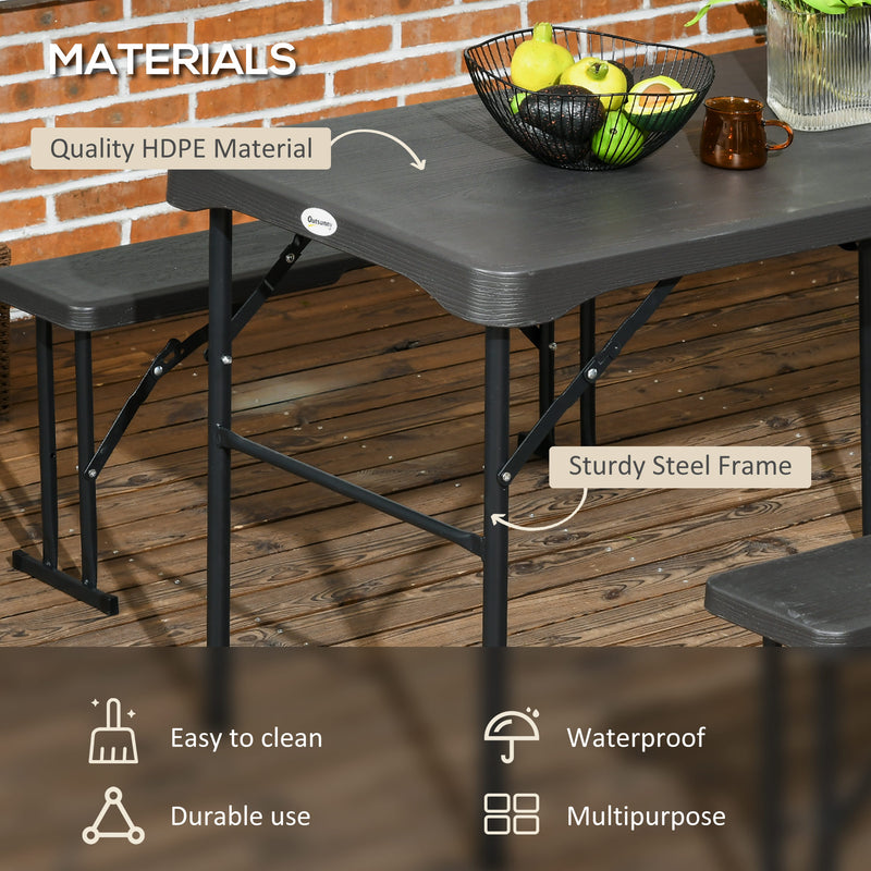 Outsunny - Folding Picnic Table with 2 Benches, 3-Piece Portable Outdoor Picnic Table Bench Set for 4, Patio Dining Table Set with Plastic Top, Steel Frame for Garden, Dark Grey