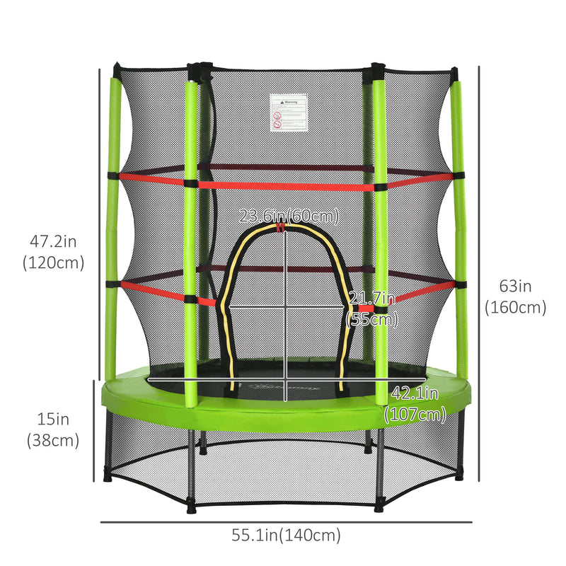 Aosom 55" Kids Trampoline with Enclosure Net for Indoor/Outdoor, Trampoline for Boys and Girls Age 3-6 Years, Green