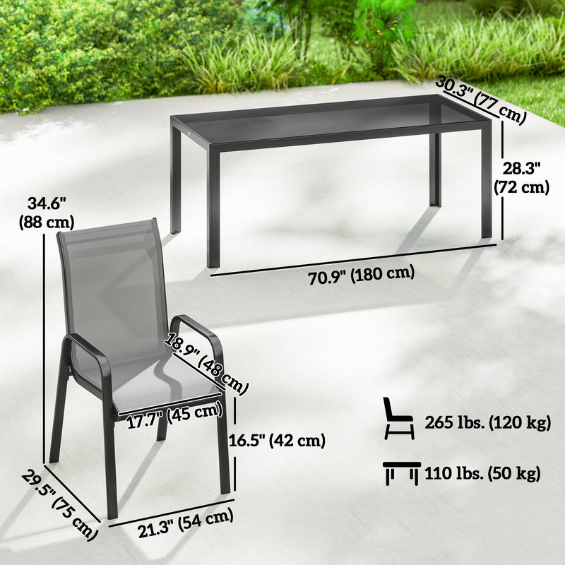 Outsunny - 9 Pieces Patio Set with Stackable Chairs, Patio Dining Set with Glass Top for Garden, Patio, Backyard, Light Grey