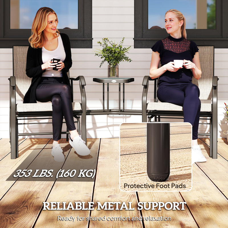 Outsunny - Double Patio Glider Chair with Glass Top Center Table, Outdoor Glider Loveseat with High Back, All Weather Breathable Mesh Fabric for Garden, Backyard, Deck, Light Brown