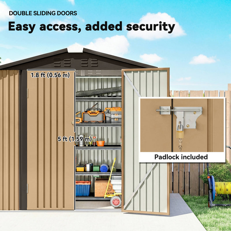 6.5' x 4' Outdoor Storage Shed, Metal Garden Shed with Lockable Double Doors, 4 Vents, Yellow