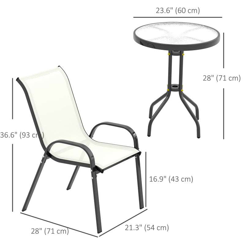 Outsunny - 3 Pieces Bistro Set, Small Patio Furniture Set with Stackable Mesh Chairs, Glass Table for Garden, Balcony, Beige