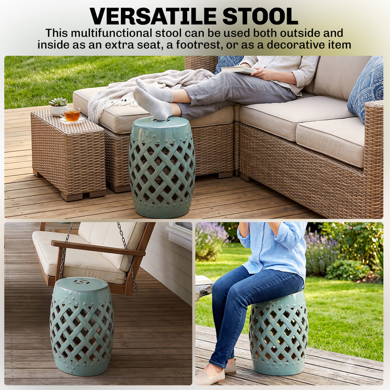 Outsunny - 12.4" x 17.9" Ceramic Garden Stool with Woven Lattice Design, Indoor & Outdoor Decorative Accent Stool, Blue
