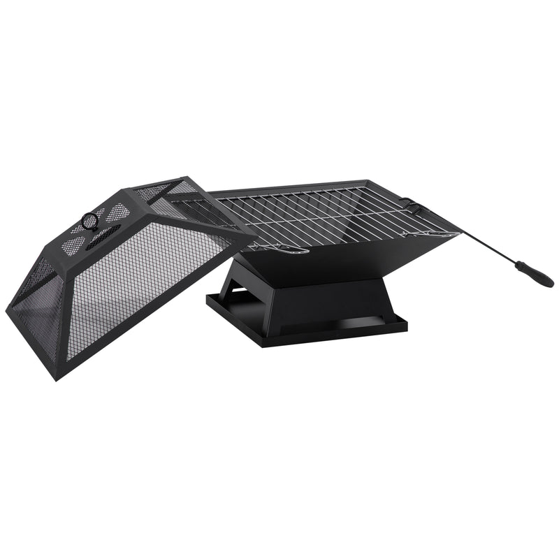 Outsunny - 17.7" Wood Burning Portable Fire Pit, Outdoor Firepit with Cooking BBQ Grill, Spark Screen, Poker for Backyard, Black
