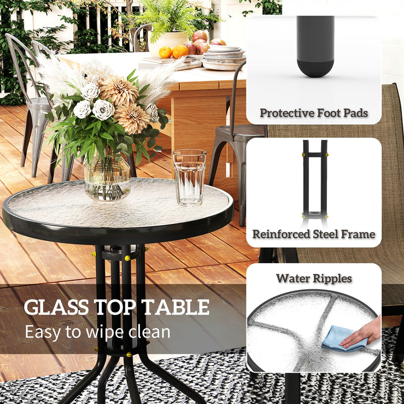 Outsunny - 3 Pieces Bistro Set, Small Patio Furniture Set with Stackable Mesh Chairs, Glass Table for Garden, Light Mixed Brown