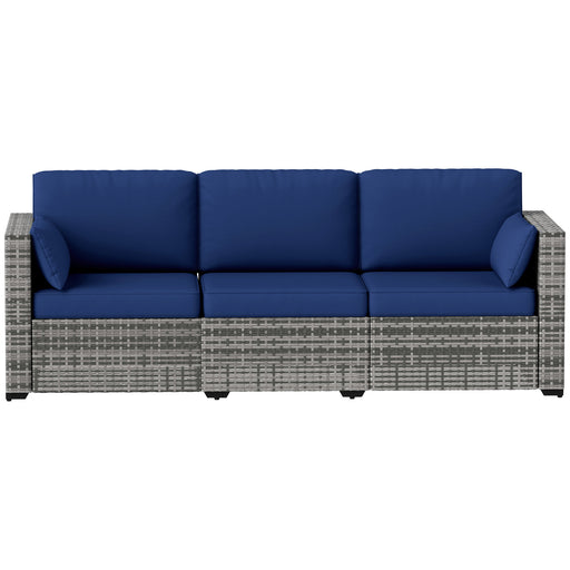 Outsunny - 3-Seater Patio Sofa with Cushions, Rattan Conversation Set with Steel Frame & Washable Cushion Covers, Dark Blue