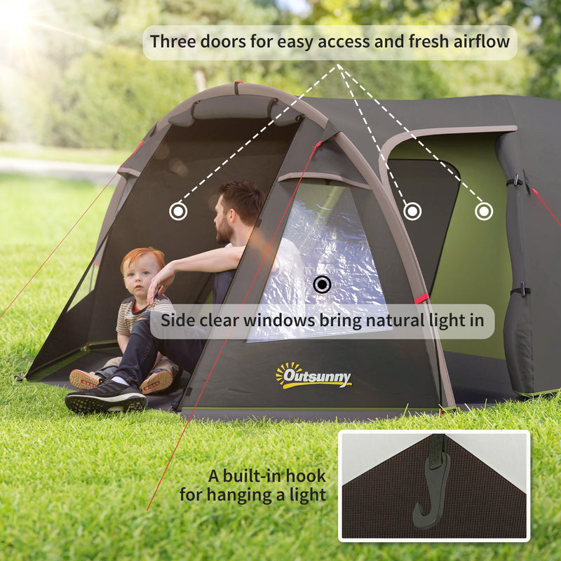 Outsunny - 2-4 Man Camping Tent, 3000mm Waterproof Tunnel Tent with 2 Rooms, Sewn-in Groundsheet, 3 Doors and Hook