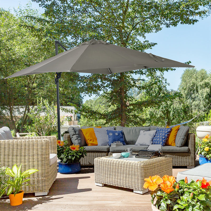Outsunny - 8' x 8' Square Patio Hanging Offset Umbrella with 360° Rotation, Aluminum Outdoor Cantilever Market Parasol, Light Grey — 84D-051V00LG