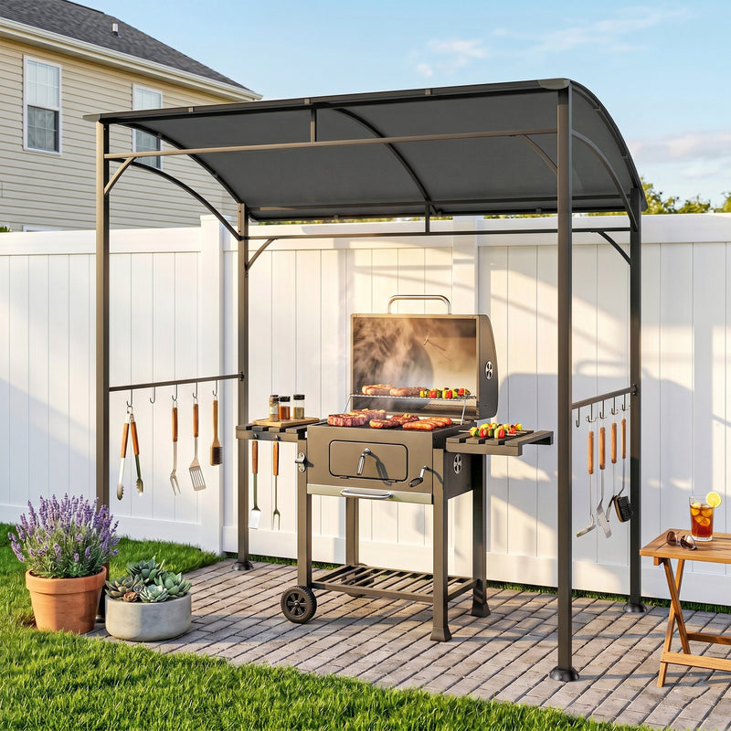 Outsunny - 7' x 5' Garden Grill Canopy, BBQ Grill Gazebo Tent with Steel Frame and Hooks, Outdoor Sun Shade, Charcoal Grey