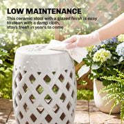 Outsunny - 12.4" x 17.9" Ceramic Garden Stool with Woven Lattice Design, Indoor & Outdoor Decorative Accent Stool, White