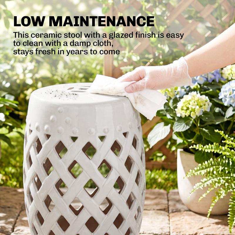 Outsunny - 12.4" x 17.9" Ceramic Garden Stool with Woven Lattice Design, Indoor & Outdoor Decorative Accent Stool, White