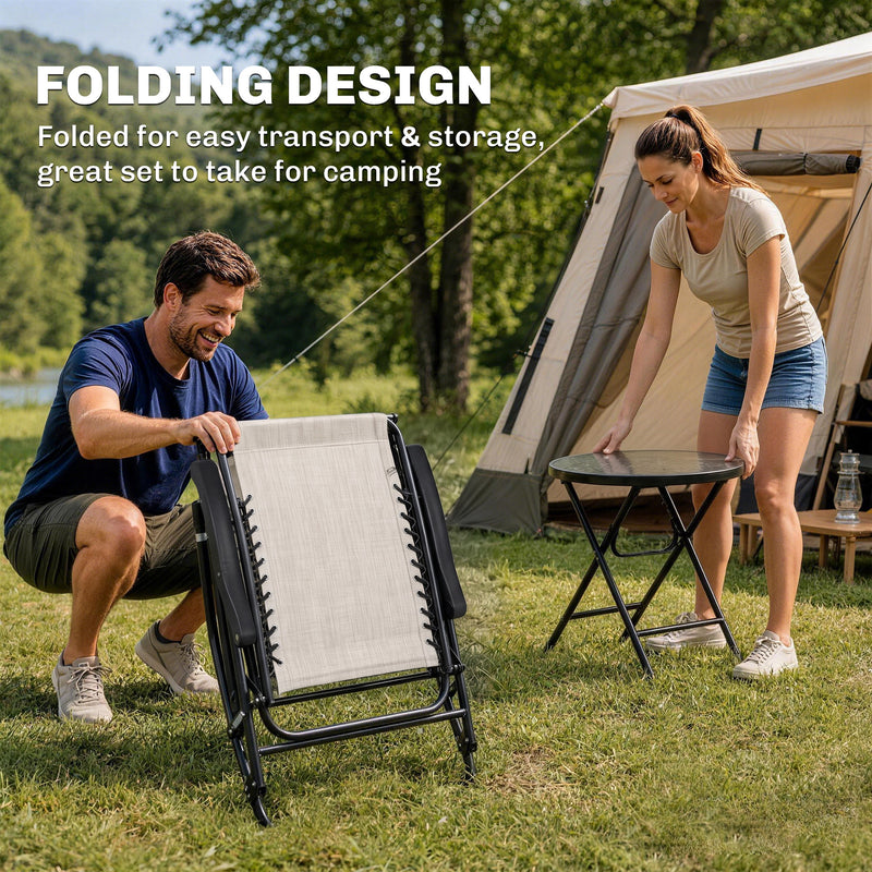 Outsunny - 3pc Patio Rocking Chair Set, Folding Outdoor Rocking Chairs and Table Bistro Set w/ Breathable Mesh Seat & Backrest, Headrest for Park, Backyard, Garden, Cream White