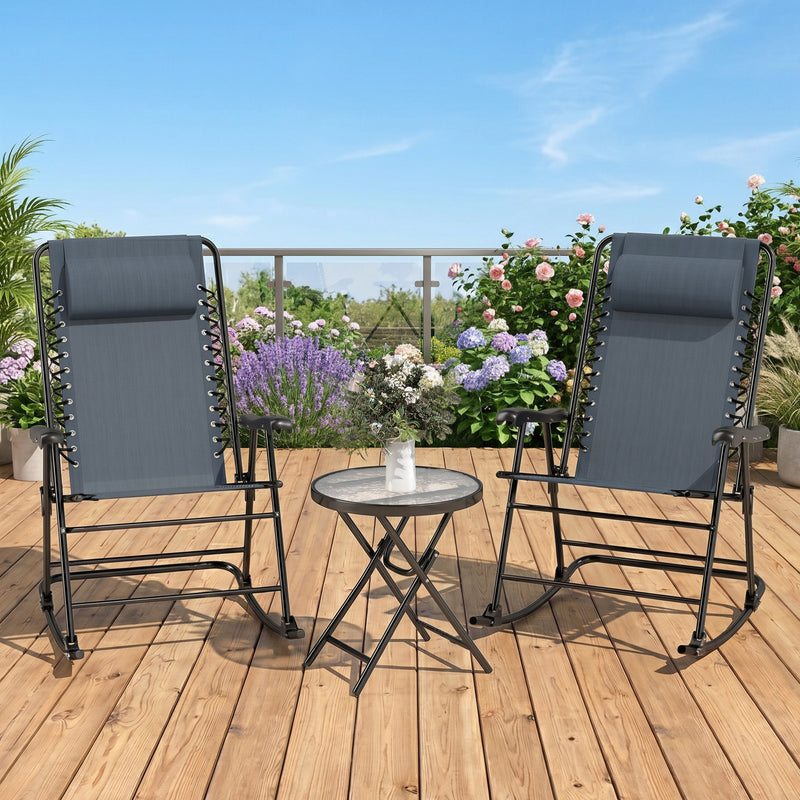 Outsunny - 3pc Patio Rocking Chair Set, Folding Outdoor Rocking Chairs and Table Bistro Set w/ Breathable Mesh Seat & Backrest, Headrest for Park, Backyard, Garden, Grey