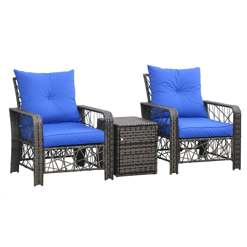 Outsunny - 3 Pieces Wicker Patio Furniture Set, Rattan Bistro Set with Storage Coffee Table and Thickened Cushions, Outdoor Conversation Set for Garden, Porch, Balcony, Blue