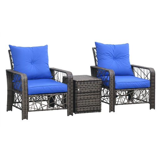 Outsunny - 3 Pieces Wicker Patio Furniture Set, Rattan Bistro Set with Storage Coffee Table and Thickened Cushions, Outdoor Conversation Set for Garden, Porch, Balcony, Blue