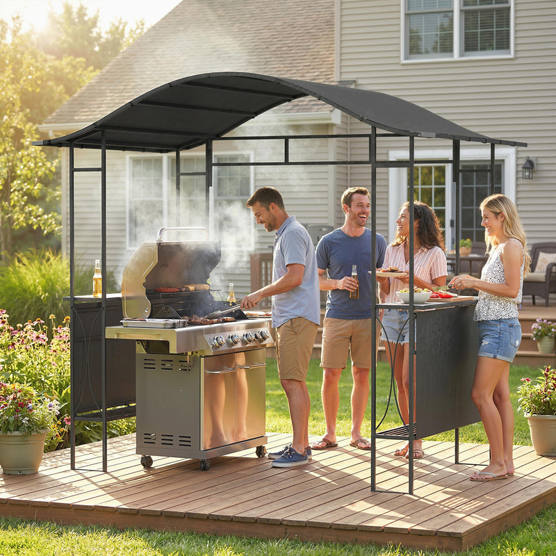 Outsunny - 8' x 5' Grill Gazebo Canopy, Outdoor BBQ Shelter with 2 Side Shelves, Dark Grey