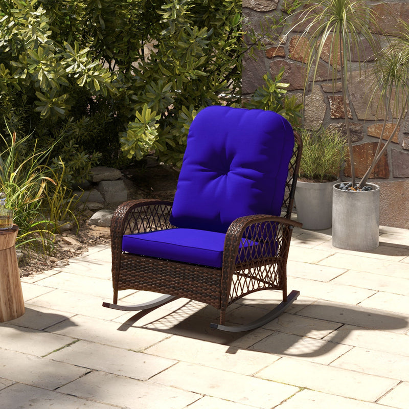 Outsunny - Outdoor Wicker Rattan Rocking Chair Patio Rocker with Thick Cushions for Garden Backyard Porch, Dark Blue