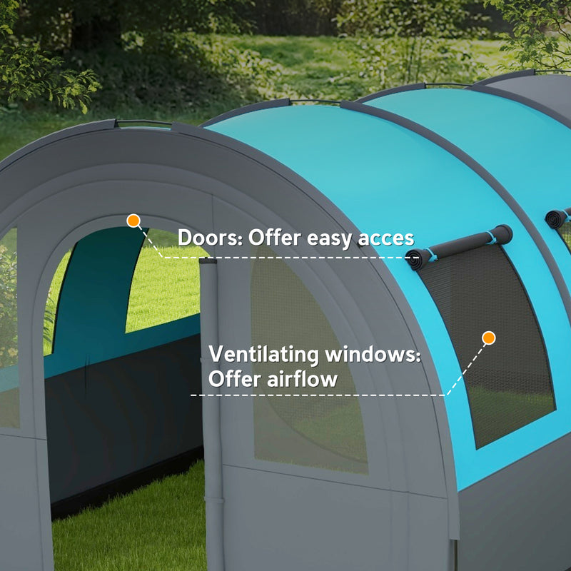 Outsunny - 3 Person Camping Tent with Living Room and Bedroom, 3000mm Waterproof Tunnel Large Family Tent, Grey and Blue